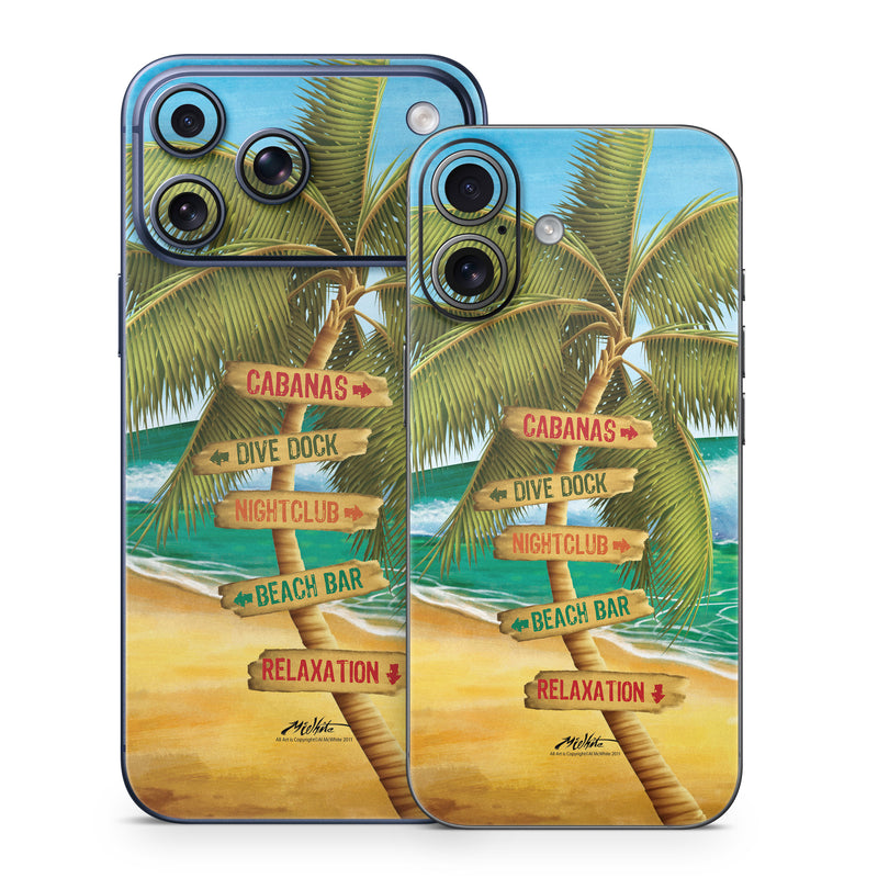 iPhone 17 Series Skin design of Palm tree, Arecales, Tropics, Tree, Caribbean, Wave, Water, Coconut, Ocean, Elaeis, with green, purple, gray, black, blue colors