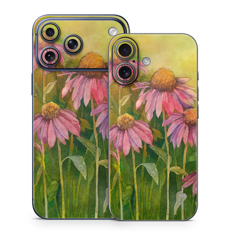 iPhone 17 Series Skin design of Flowering plant, Purple coneflower, Coneflower, Flower, Plant, Watercolor paint, Wildflower, black-eyed susan, Petal, Daisy family, with black, green, red, gray, purple colors