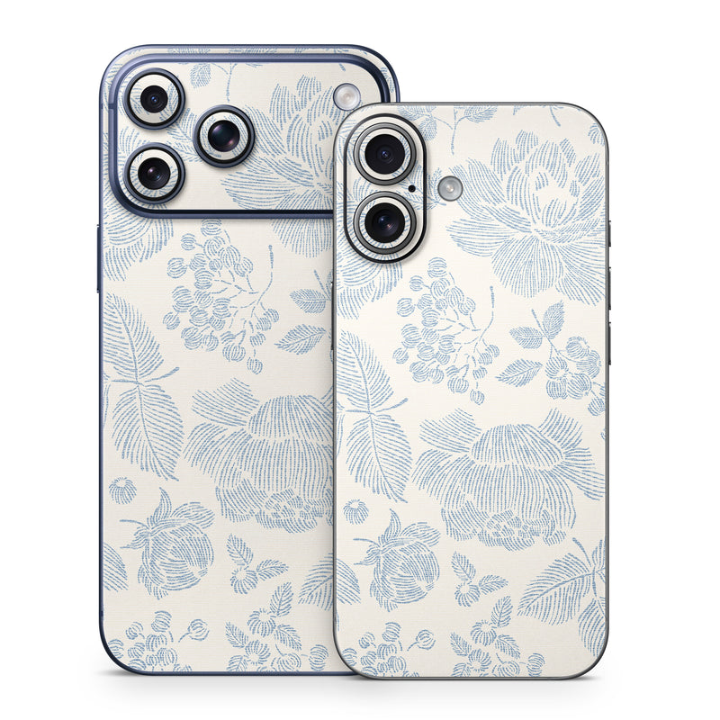 iPhone 17 Series Skin design of White, Botany, Leaf, Textile, Branch, Organism, Art, Aqua, Line, Rectangle, with white, blue colors
