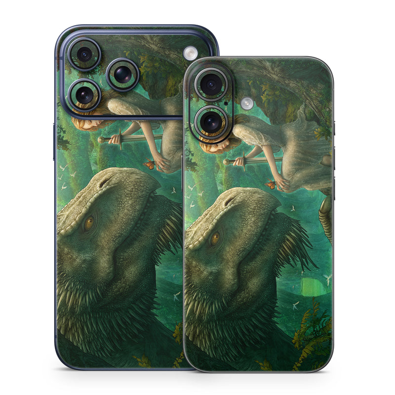 iPhone 17 Series Skin design of Dinosaur, Cg artwork, Mythology, Fictional character, Troodon, Extinction, Velociraptor, Illustration, Animated cartoon, Tyrannosaurus, with black, green, gray, red colors