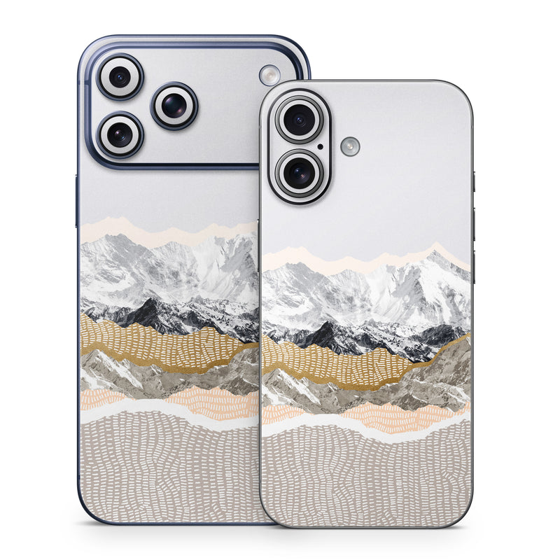 iPhone 17 Series Skin design of White, Mountainous landforms, Mountain, Mountain range, Glacial landform, Geological phenomenon, Sky, Ridge, Geology, Glacier, with white, yellow, brown, gray, black colors