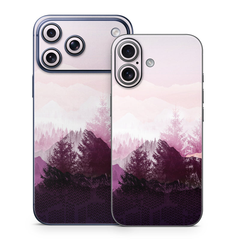iPhone 17 Series Skin design of Sky, Purple, Atmospheric phenomenon, Pink, Natural landscape, Violet, Mountain, Tree, Morning, Mountain range, with white, purple, black, pink colors