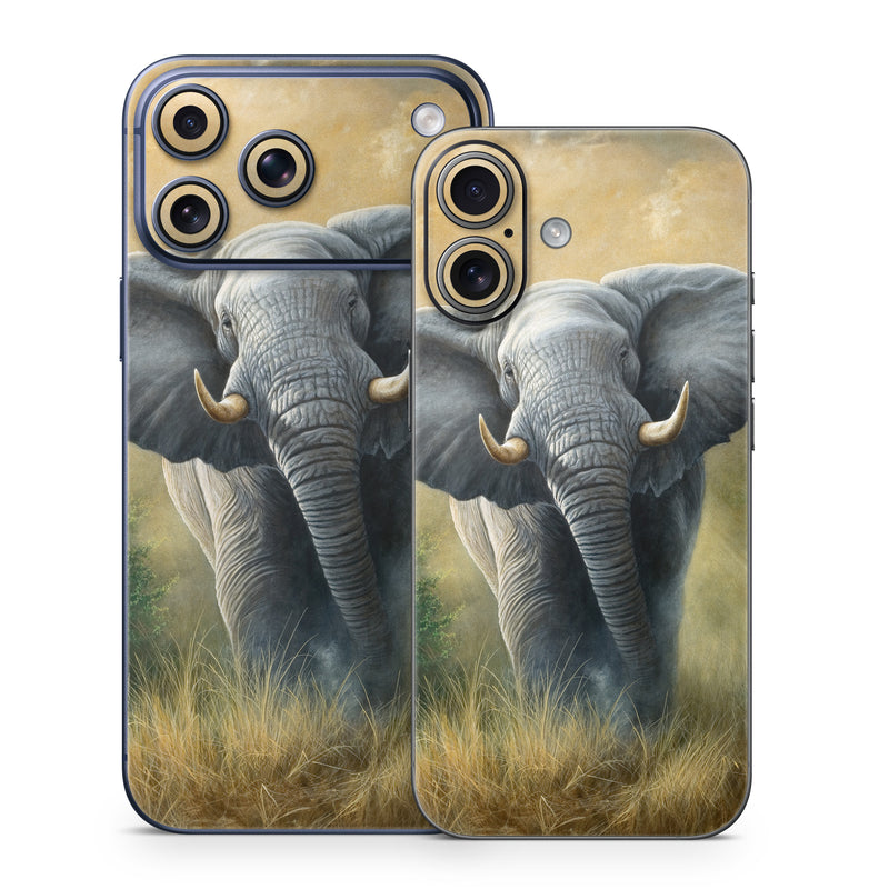 iPhone 17 Series Skin design of Terrestrial animal, Elephants and Mammoths, Vertebrate, Wildlife, Mammal, African elephant, Indian elephant, Grassland, Working animal, Tusk, with gray, white, green, brown, yellow, orange colors