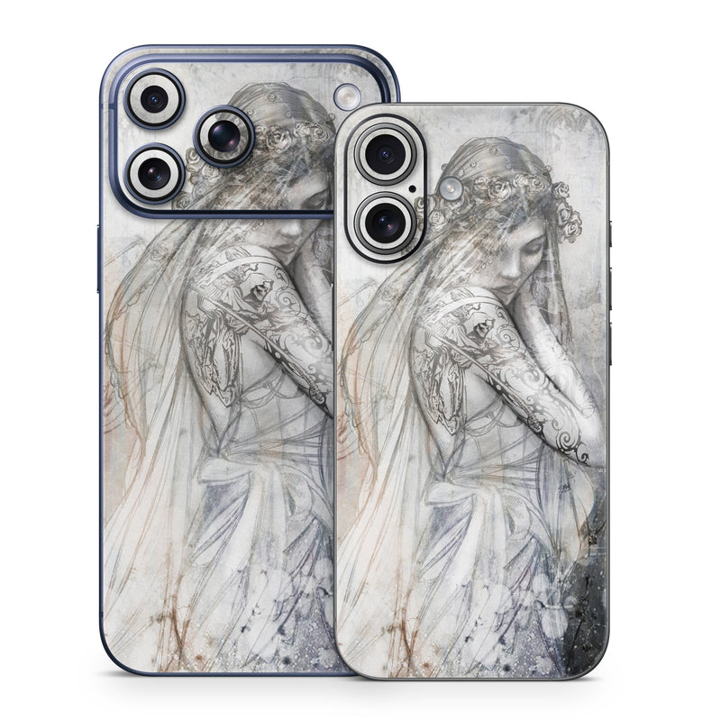 iPhone 17 Series Skin design of Lady, Art, Illustration, Drawing, Painting, Sketch, Mythology, Figure drawing, Long hair, Visual arts, with white, gray, black colors