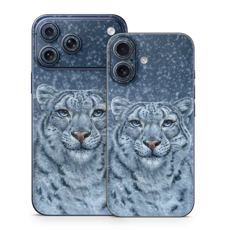 iPhone 17 Series Skin design of Snow, Carnivore, Felidae, Whiskers, Terrestrial animal, Snout, Big cats, Painting, Fur, Illustration, with white, black, blue, gray colors