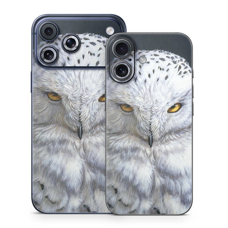 iPhone 17 Series Skin design of Owl, Bird, Bird of prey, Snowy owl, great grey owl, Close-up, Eye, Snout, Wildlife, Eastern Screech owl, with gray, white, black, blue, purple colors