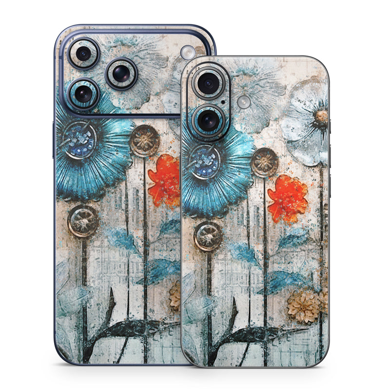 iPhone 17 Series Skin design of Plant, Blue, Petal, Textile, Paint, Flower, Art, Creative arts, Pattern, Rectangle, with white, brown, black, yellow, blue, red, gray colors