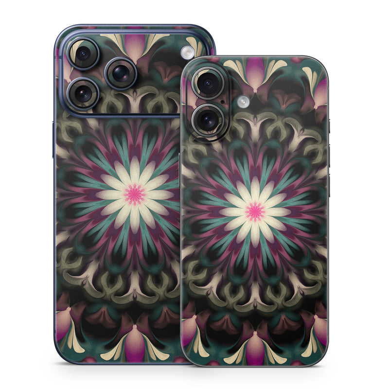 iPhone 17 Series Skin design of Fractal art, Pattern, Pink, Psychedelic art, Art, Kaleidoscope, Design, Symmetry, Visual arts, Textile, with black, purple, white, green, blue colors