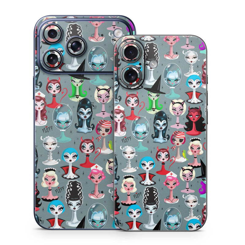 iPhone 17 Series Skin design of Facial expression, Head, Design, Collection, Fictional character, Pattern, Skull, Illustration, Collage, Style, with gray, white, red, blue, green, black, pink, purple colors