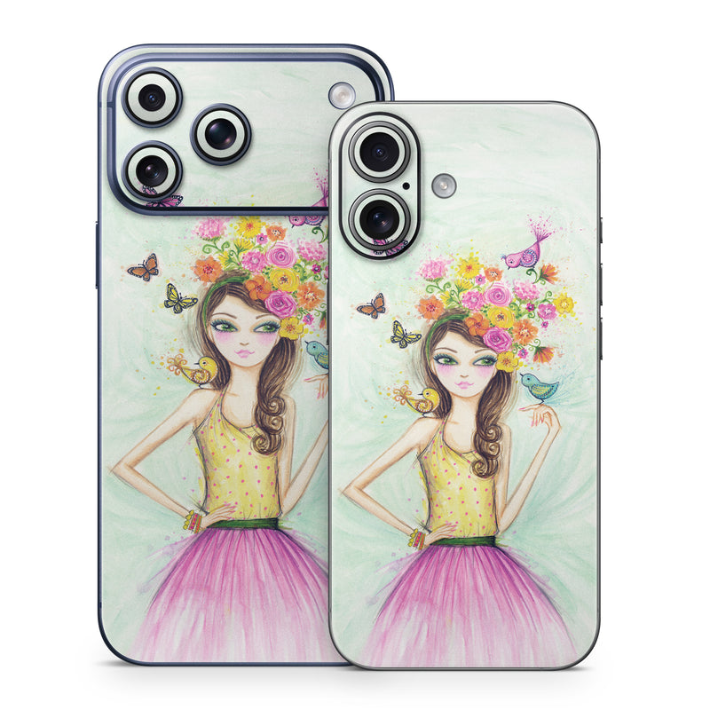 iPhone 17 Series Skin design of Pink, Illustration, Fashion illustration, Watercolor paint, Fictional character, Dress, Hair accessory, Wildflower, Costume, Plant, with blue, pink, yellow, orange, purple, brown, green colors