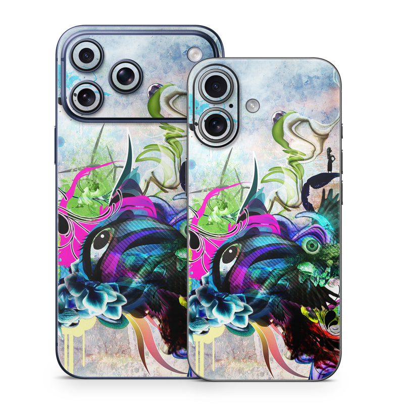iPhone 17 Series Skin design of Graphic design, Psychedelic art, Art, Illustration, Purple, Visual arts, Graffiti, Street art, Design, Painting, with gray, black, blue, green, purple colors