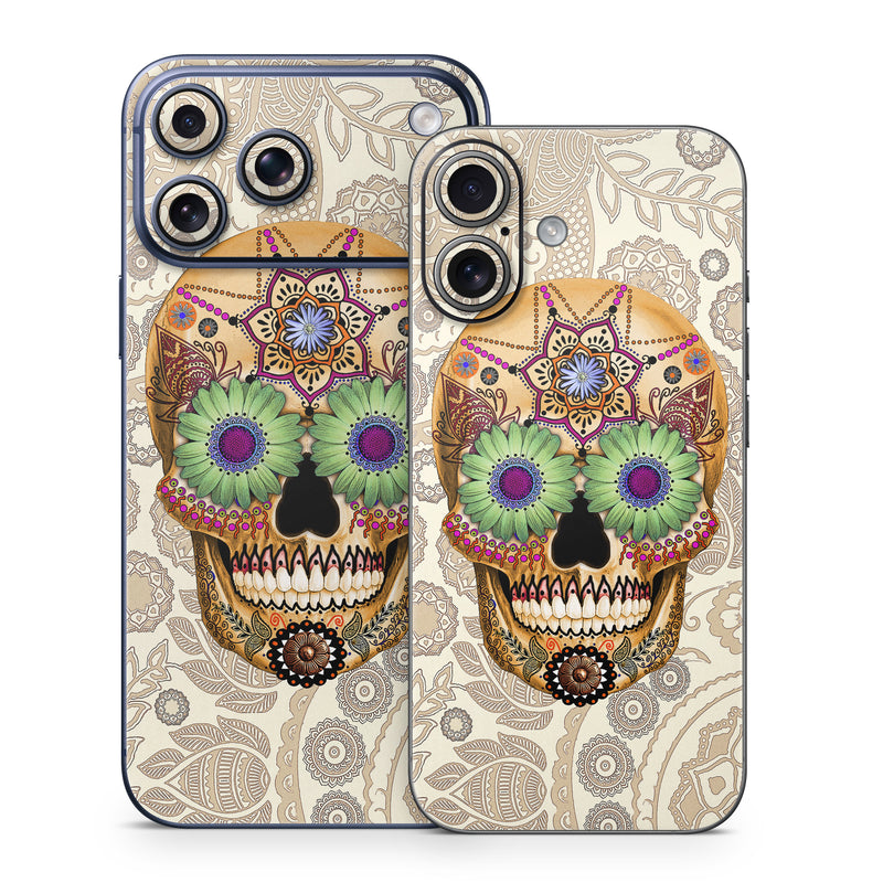 iPhone 17 Series Skin design of Skull, Bone, Pattern, Design, Illustration, Visual arts, Fashion accessory, Art, with gray, yellow, green, black, red, pink colors
