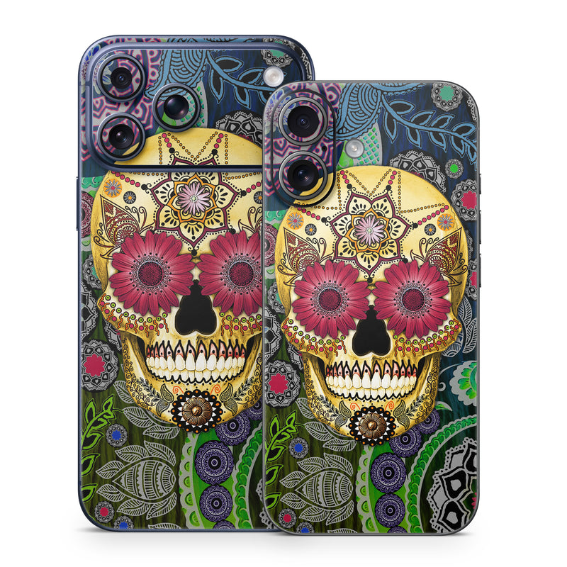iPhone 17 Series Skin design of Skull, Bone, Pattern, Psychedelic art, Visual arts, Design, Illustration, Art, Textile, Plant, with black, red, gray, green, blue colors