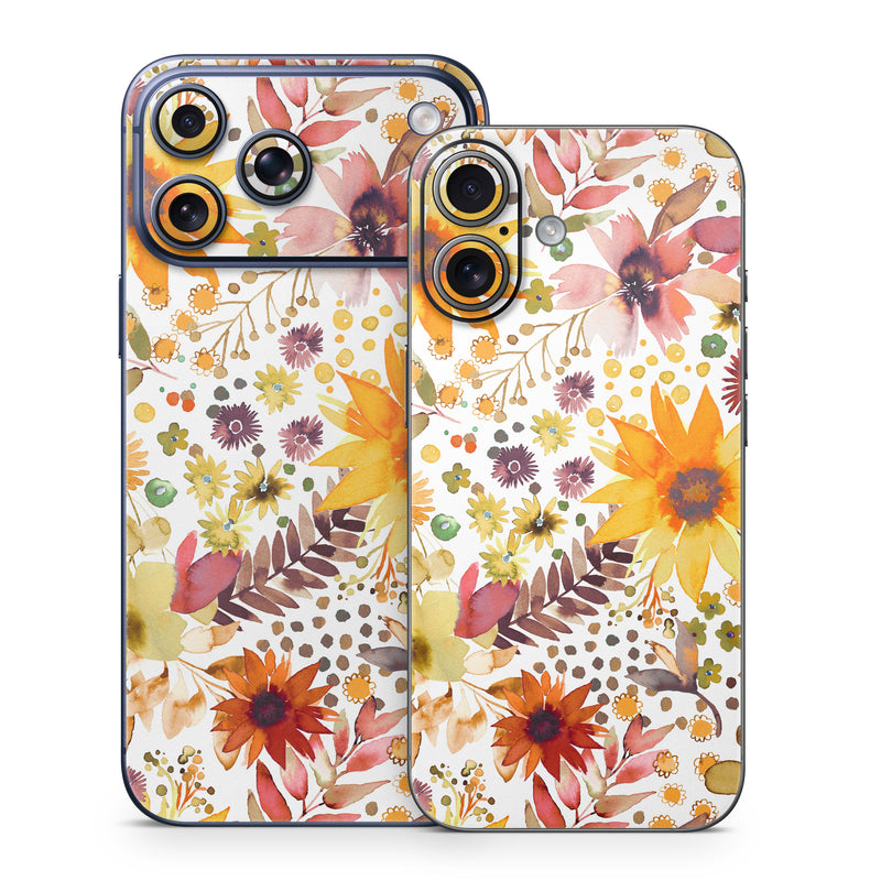 iPhone 17 Series Skin design of Flower, Plant, Petal, Botany, Textile, Orange, Line, Groundcover, Creative arts, Flowering plant, with white, yellow, pink, green, brown, orange colors