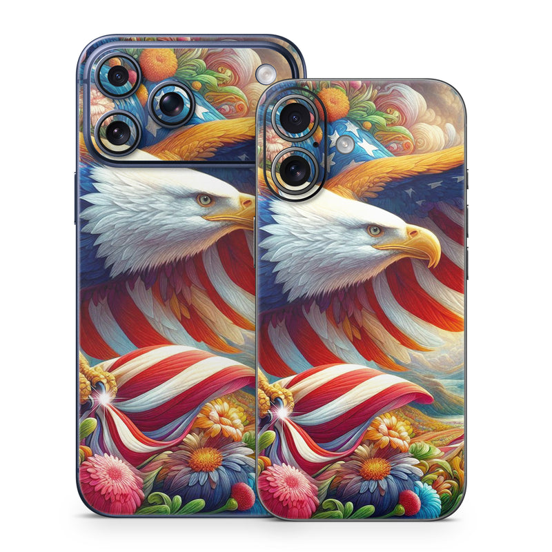 iPhone 17 Series Skin design of Bird, Accipitridae, Beak, Wing, Bald eagle, Bird of prey, Eagle, Flag of the United States, Accipitriformes, Painting, with red, blue, white, yellow, orange, brown, green, gray colors