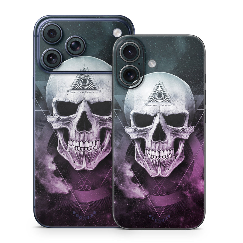 iPhone 17 Series Skin design of Skull, Bone, Illustration, Font, Jaw, Fictional character, Graphic design, Graphics, Art, with black, white, gray, purple colors