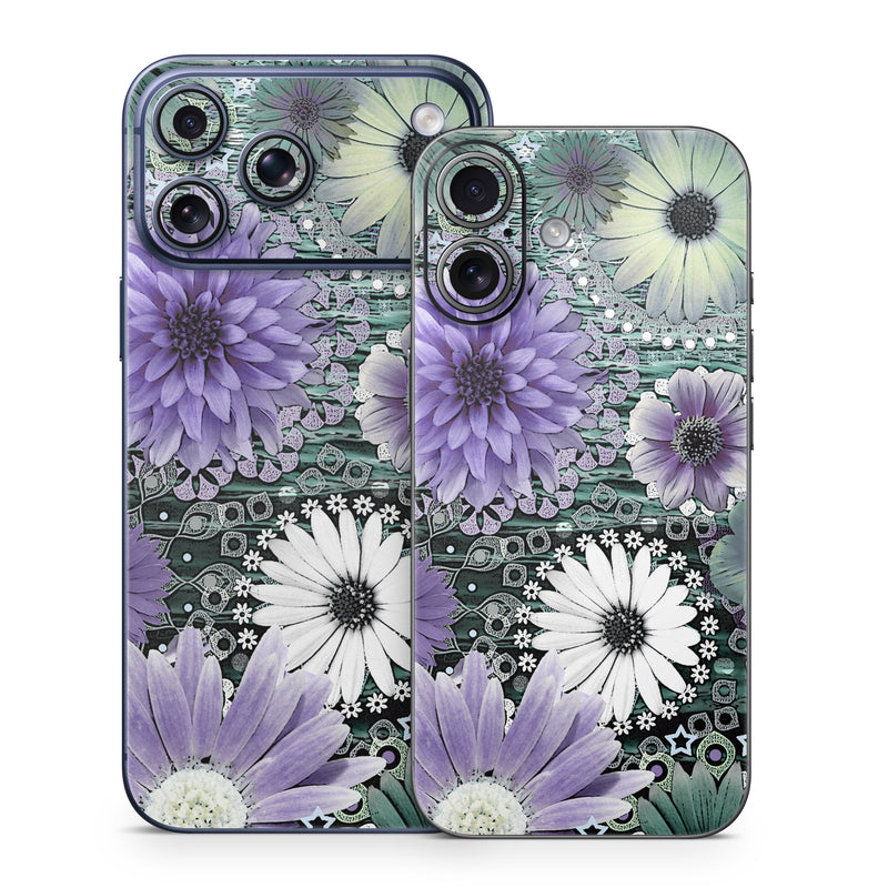 iPhone 17 Series Skin design of Purple, Flower, african daisy, Pericallis, Plant, Violet, Lavender, Botany, Petal, Pattern, with gray, black, blue, purple, white colors