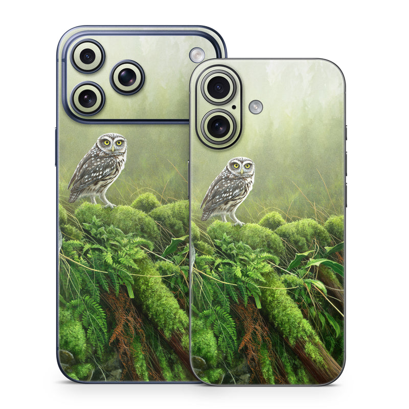 iPhone 17 Series Skin design of Nature, Owl, Bird, Bird of prey, great grey owl, Adaptation, Terrestrial plant, Wildlife, Plant, Organism, with brown, gray, green, white colors