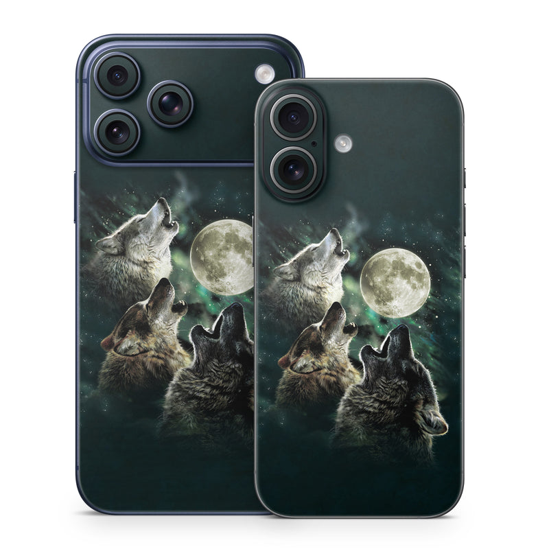 iPhone 17 Series Skin design of Wolf, Light, Astronomical object, Moon, Wildlife, Organism, Moonlight, Sky, Atmosphere, Celestial event, with black, gray, green colors