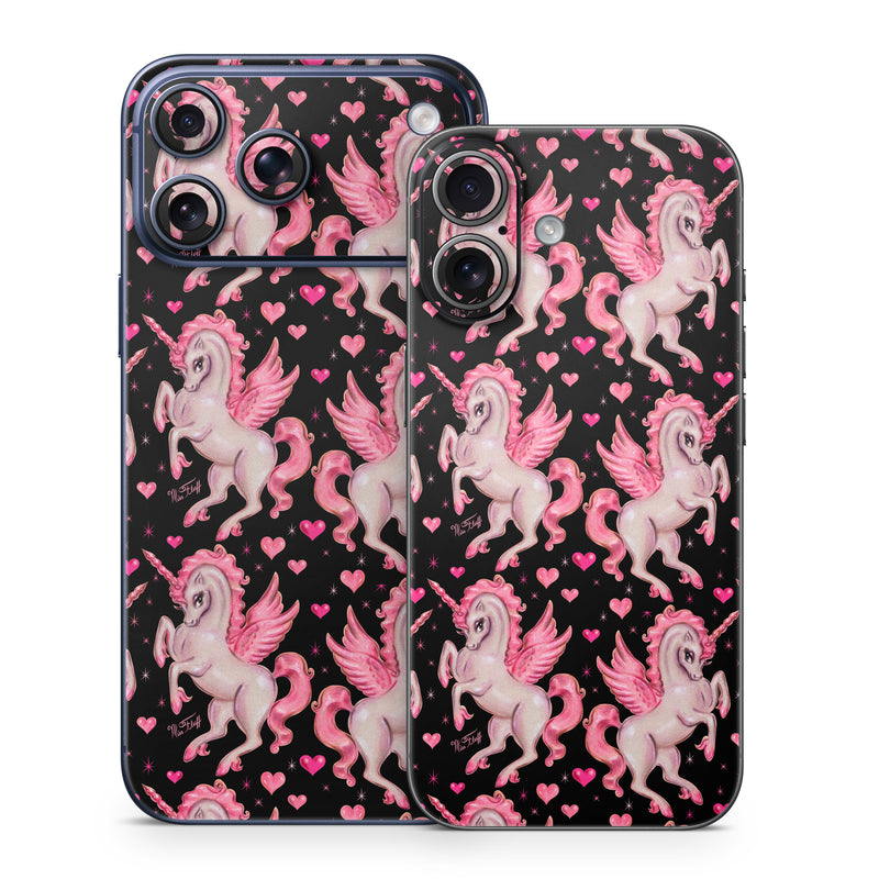 iPhone 17 Series Skin design of Pink, Pattern, Fictional character, Design, Illustration, Font, Unicorn, Graphic design, Mythical creature, Art, with black, pink colors
