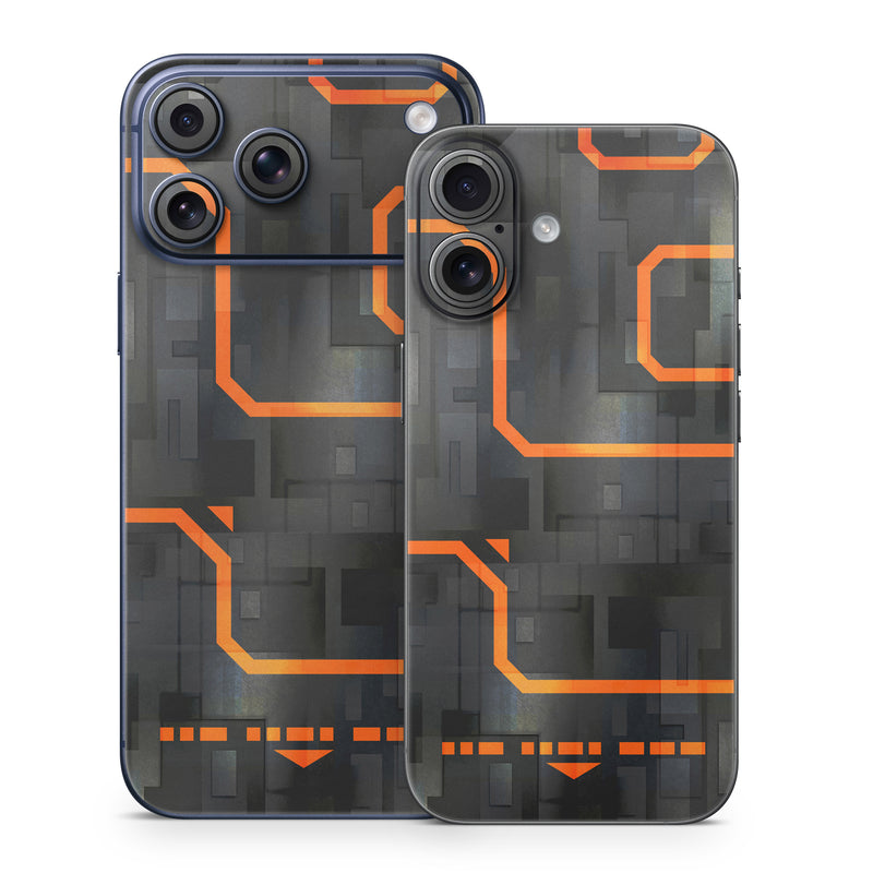 iPhone 17 Series Skin design of Orange, Font, Parallel, Pattern, Graphics, Rectangle, Logo, Brand, Graphic design, Event, with black, orange colors