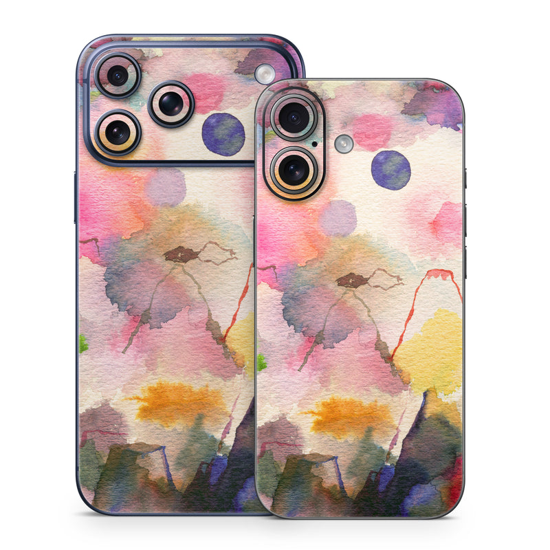 iPhone 17 Series Skin design of Watercolor paint, Flower, Textile, Painting, Art, Plant, Pattern, Visual arts, Floral design, Paint, with white, pink, red, yellow, green, blue, black, orange colors