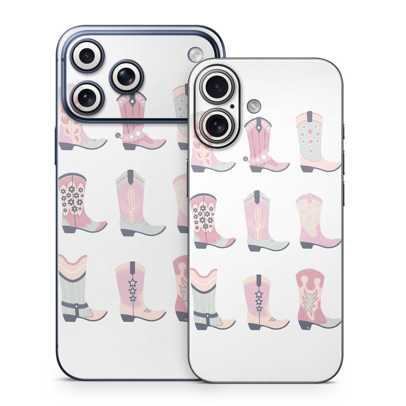 iPhone 17 Series Skin design of Footwear, Shoe, White, Durango boot, Product, Fashion, Textile, Pink, Font, Red, with pink, white, blue, brown colors