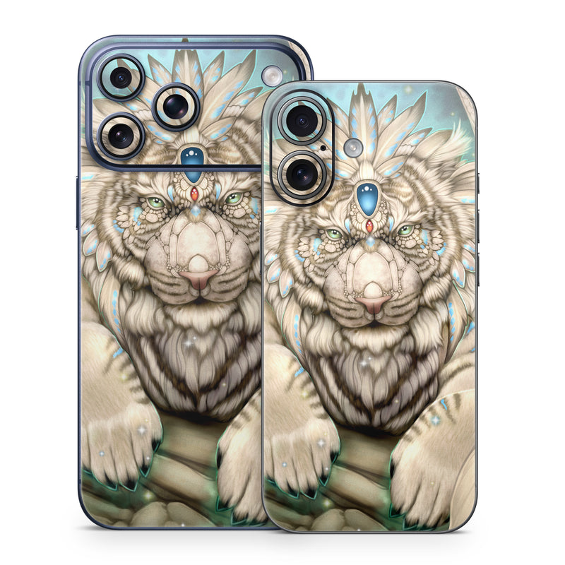 iPhone 17 Series Skin design of Mythical creature, Sleeve, Textile, Gesture, Felidae, Tattoo, Big cats, Font, Temporary tattoo, Painting, with white, blue, black, gray colors