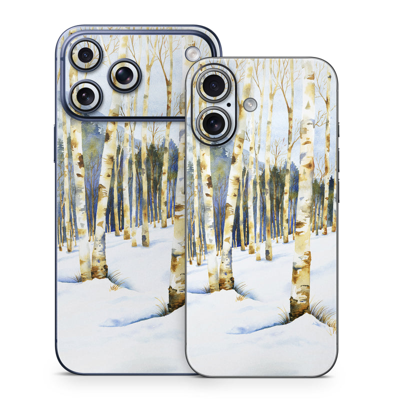 iPhone 17 Series Skin design of Tree, Snow, Winter, Canoe birch, Nature, Birch, Forest, Natural environment, Freezing, Woody plant, with white, brown, black, gray colors