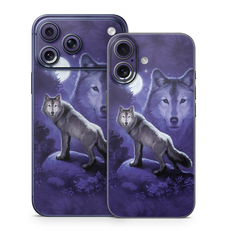 iPhone 17 Series Skin design of Wolf, Canidae, canis lupus tundrarum, Canis, Wolfdog, Dog, Native american indian dog, Wildlife, Sakhalin husky, Moonlight, with blue, black, gray colors
