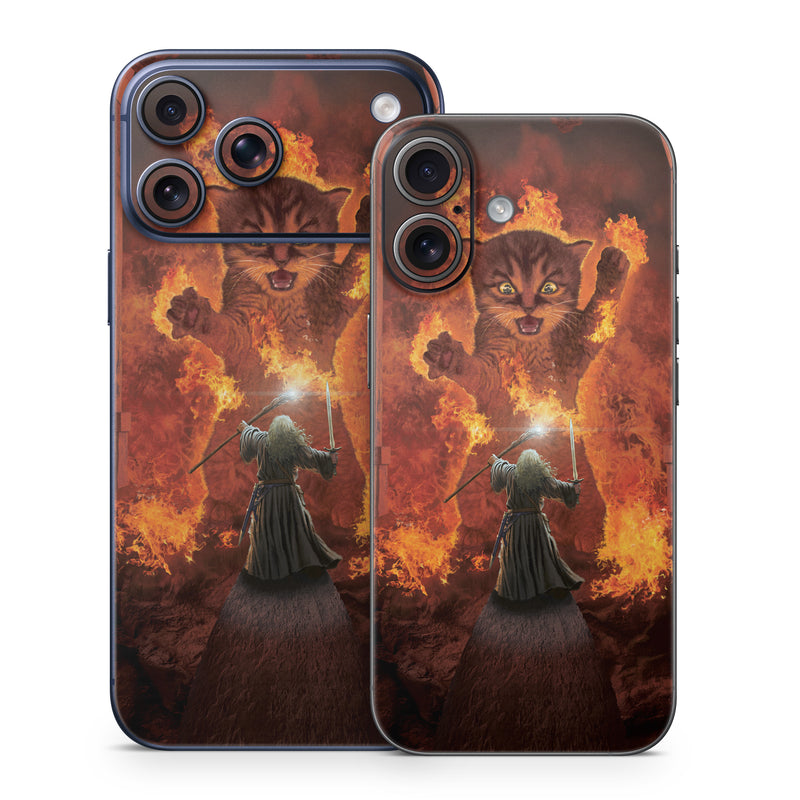 iPhone 17 Series Skin design of Cartoon, Art, Carnivore, Cg artwork, Felidae, Supernatural creature, Big cats, Heat, Fictional character, Darkness, with black, red, white, gray, yellow colors