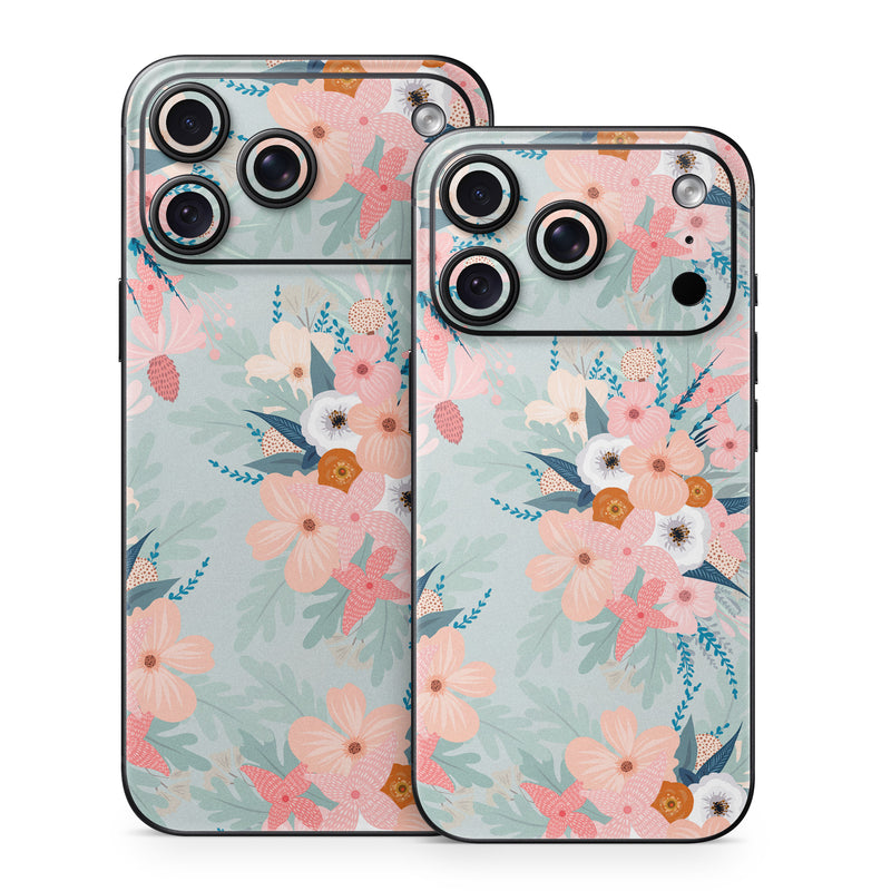 iPhone 18 Series Skin design of Pattern, Aqua, Wrapping paper, Textile, Design, Floral design, Wildflower, Plant, Pedicel, Blossom, with pink, red, blue, white colors