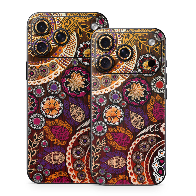 iPhone 18 Series Skin design of Pattern, Motif, Visual arts, Design, Art, Floral design, Textile, Paisley, Tapestry, Circle, with brown, purple, red, white, black colors
