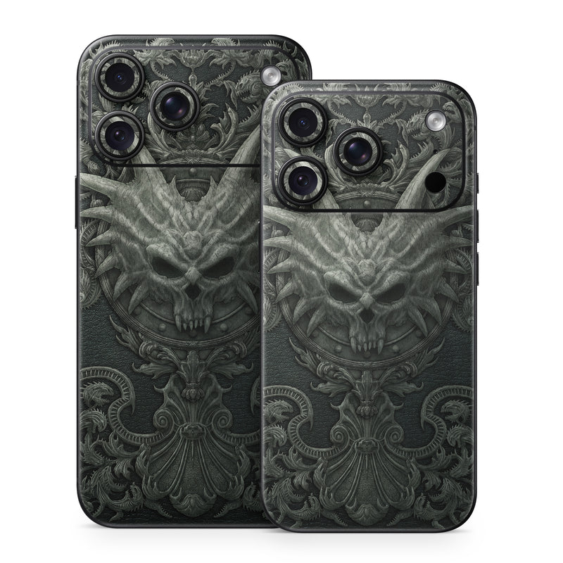 iPhone 18 Series Skin design of Demon, Dragon, Fictional character, Illustration, Supernatural creature, Drawing, Symmetry, Art, Mythology, Mythical creature, with black, gray colors