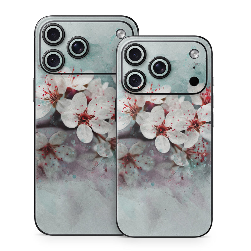 iPhone 18 Series Skin design of Blossom, Flower, Cherry blossom, Watercolor paint, Plant, Spring, Pink, Petal, Branch, Painting, with white, gray, red, pink, purple, blue colors