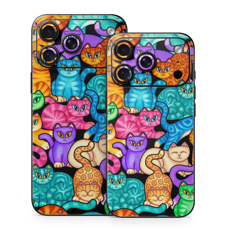 iPhone 18 Series Skin design of Cat, Cartoon, Felidae, Organism, Small to medium-sized cats, Illustration, Animated cartoon, Wildlife, Kitten, Art, with black, blue, red, purple, green, brown colors