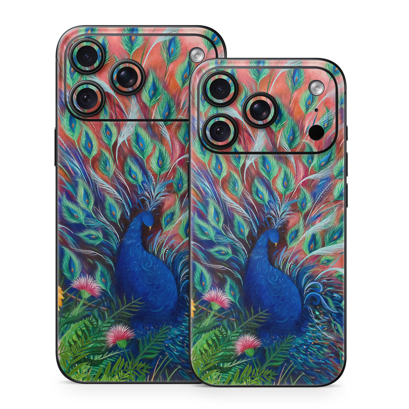 iPhone 18 Series Skin design of Painting, Acrylic paint, Bird, Child art, Art, Galliformes, Peafowl, Visual arts, Watercolor paint, Plant, with black, red, gray, blue, green colors