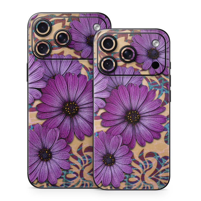iPhone 18 Series Skin design of Purple, Flower, Violet, Petal, Plant, african daisy, Floral design, Wildflower, Pattern, Textile, with purple, black, gray, blue, green, red colors