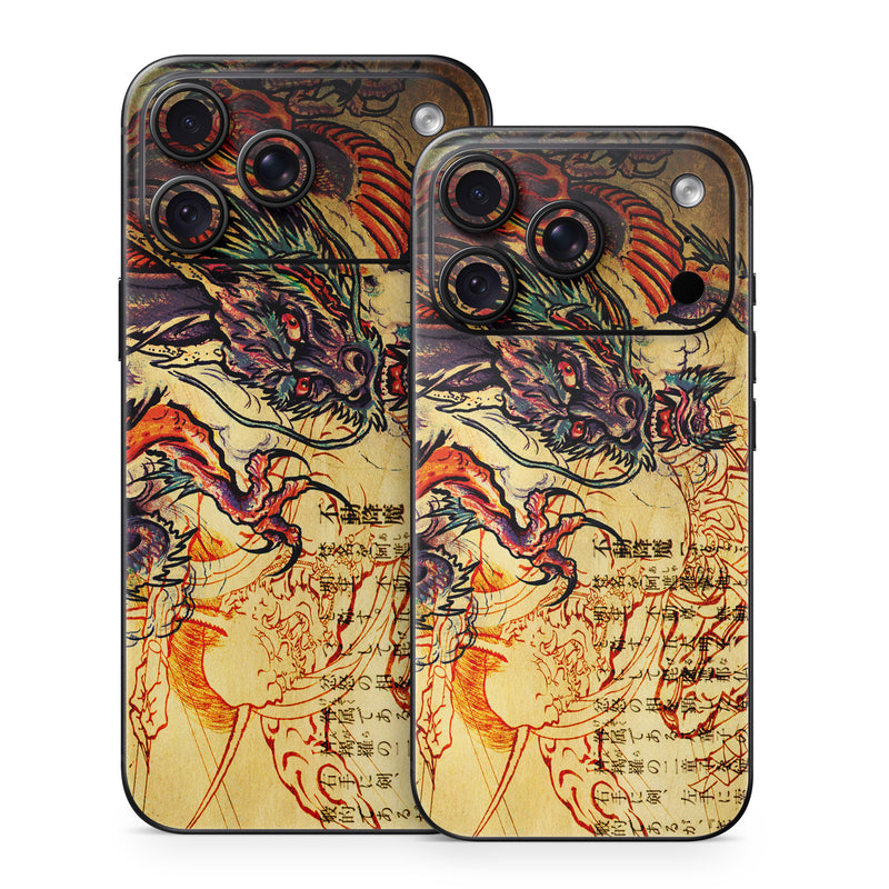 iPhone 18 Series Skin design of Illustration, Fictional character, Art, Demon, Drawing, Visual arts, Dragon, Supernatural creature, Mythical creature, Mythology, with black, green, red, gray, pink, orange colors