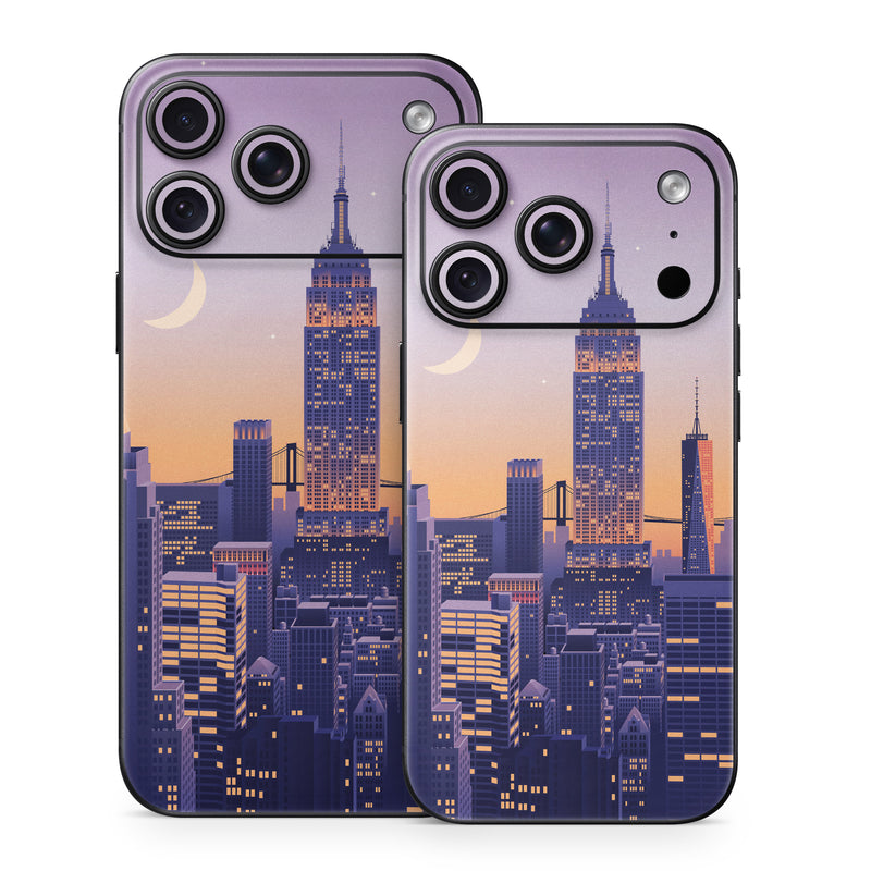 iPhone 18 Series Skin design of Skyscraper, Building, Sky, Atmosphere, Moon, World, Nature, Tower, Afterglow, Dusk, with blue, purple, yellow, orange colors