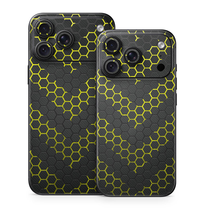 iPhone 18 Series Skin design of Black, Pattern, Yellow, Mesh, Net, Chain-link fencing, Design, Metal, with black, gray, yellow colors