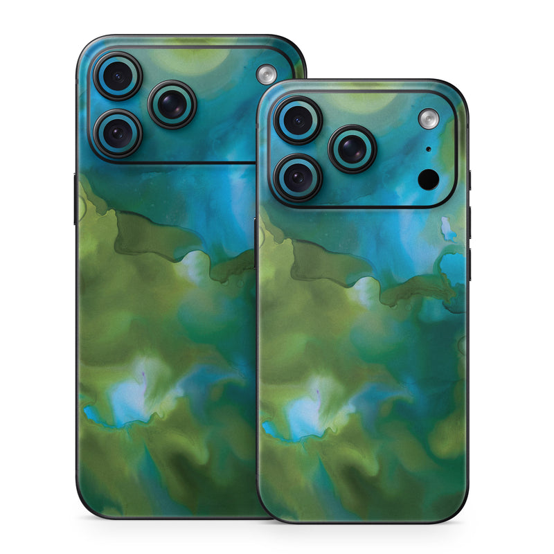 iPhone 18 Series Skin design of Aqua, Blue, Green, Painting, Turquoise, Teal, Water, Acrylic paint, Art, Organism, with blue, green colors