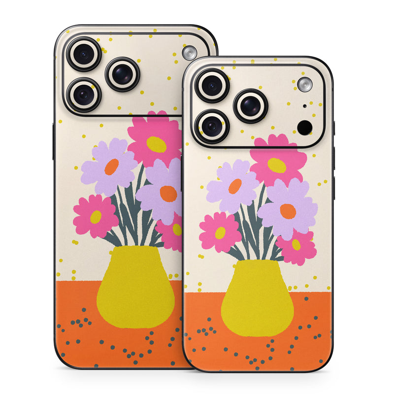 iPhone 18 Series Skin design of Flower, Plant, Vase, Flowerpot, Petal, Happy, People in nature, Liquid, Font, Art, with white, orange, pink, purple, yellow colors