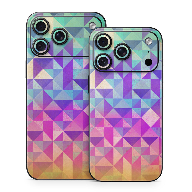 iPhone 18 Series Skin design of Pattern, Purple, Triangle, Violet, Magenta, Line, Design, Symmetry, Psychedelic art, with gray, purple, green, blue, pink colors