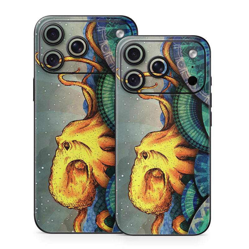 iPhone 18 Series Skin design of Illustration, Fractal art, Art, Cg artwork, Sky, Organism, Psychedelic art, Graphic design, Graphics, Octopus, with black, gray, blue, green, red colors