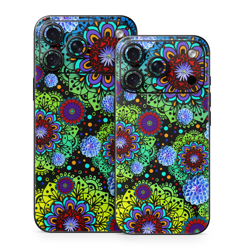 iPhone 18 Series Skin design of Pattern, Psychedelic art, Design, Flower, Art, Visual arts, Floral design, Plant, Textile, Symmetry, with black, blue, green, purple colors