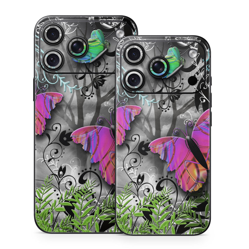 iPhone 18 Series Skin design of Butterfly, Pink, Purple, Violet, Organism, Spring, Moths and butterflies, Botany, Plant, Leaf, with black, gray, green, purple, red colors