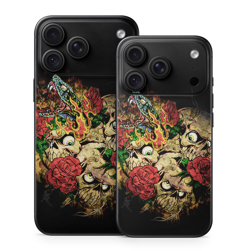 iPhone 18 Series Skin design of Illustration, Bouquet, Art, Skull, Plant, Rose, Flower, Graphic design, Fictional character, Floral design, with black, red, green, gray colors