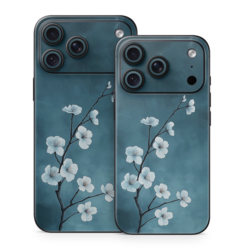 iPhone 18 Series Skin design of Flower, Nature, Petal, Branch, Twig, Sky, Flowering plant, Cloud, Blossom, Tree, with black, blue, white, gray colors