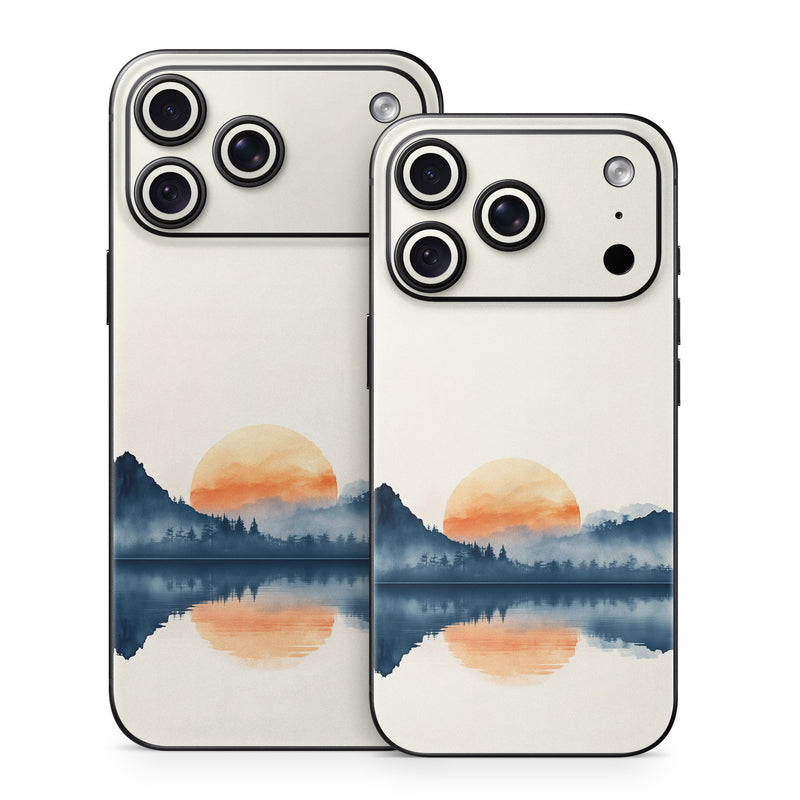 iPhone 18 Series Skin design of Water, Water resources, Sky, Mountain, Natural landscape, Lake, Atmospheric phenomenon, Landscape, Horizon, Afterglow, with black, blue, white, gray, yellow, orange, red colors